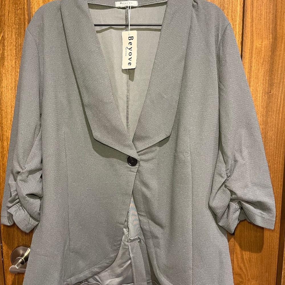 Beyove Women’s Blazer - gray knit ruched 3/4 sleeve